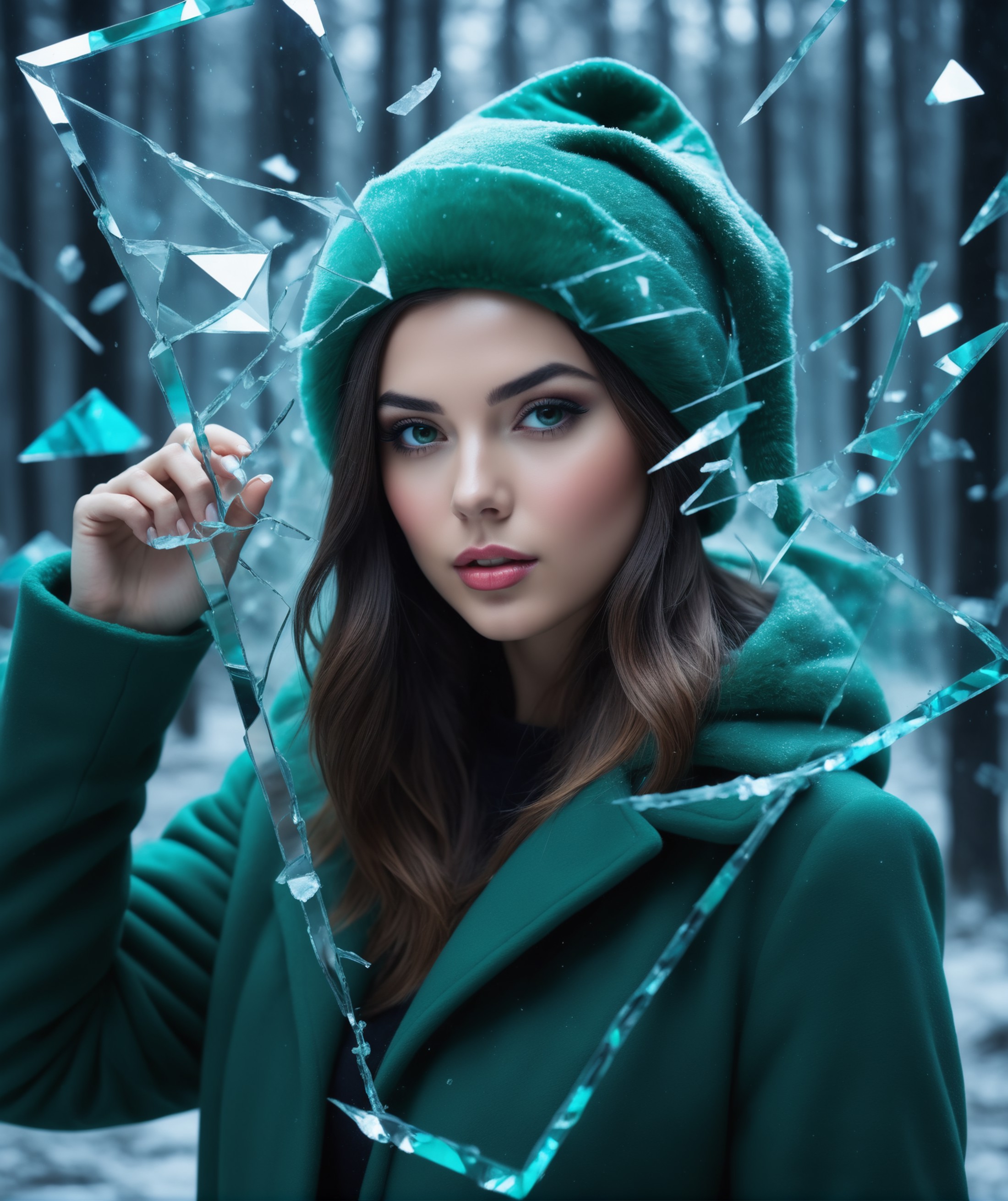 long exposure shot, of a beautiful girl in a green santa hat and warm coat crossing throw the  transparent glass mirror, f...